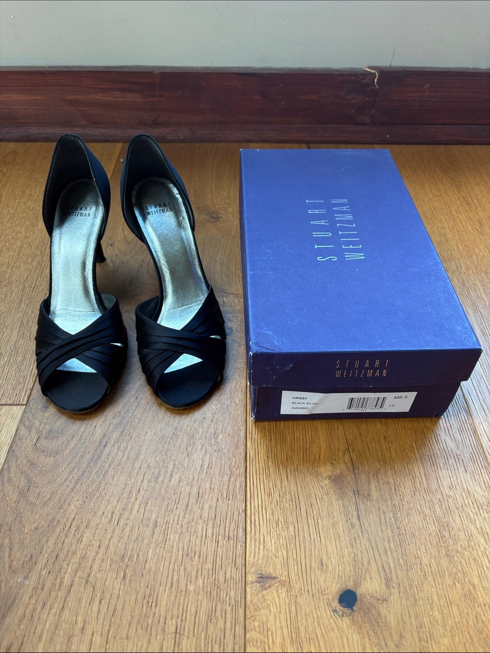 Stuart Weitzman Black Open-Toe Crissy Satin Pumps